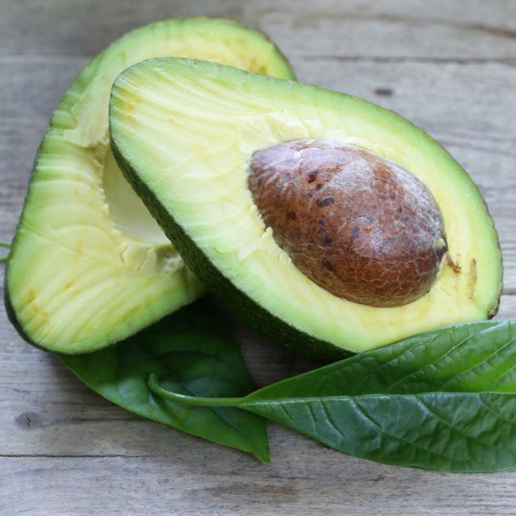 A slice of avocado ready to be added to a shake or smoothie.